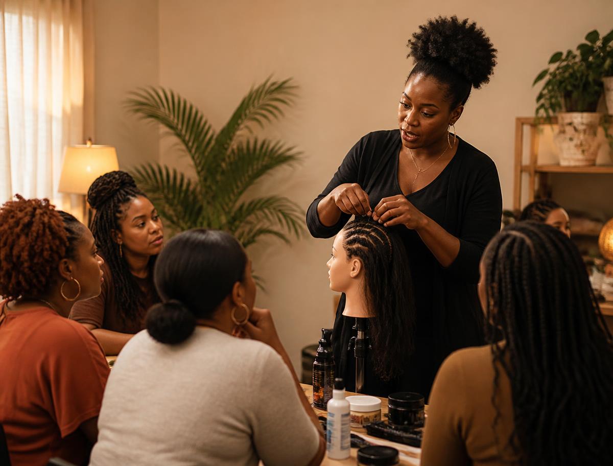 Instructor demonstrating a braiding technique to natural-hair students in a classroom