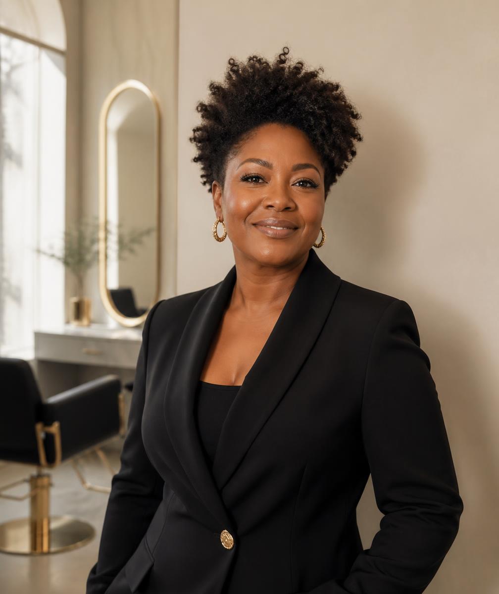 Portrait of a natural-hair salon owner and educator standing in her salon
