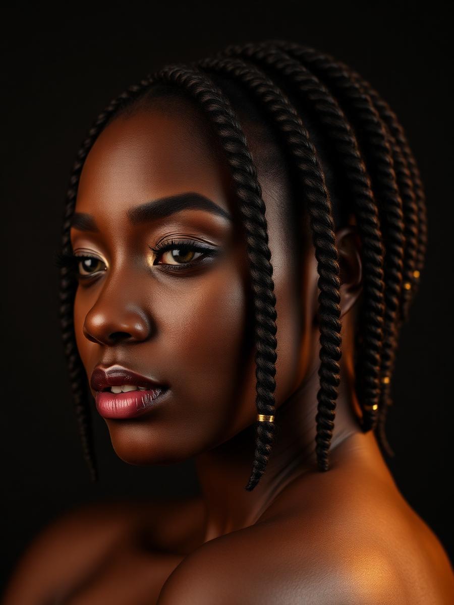 Twisted natural-hair style with gold cuffs, editorial lighting