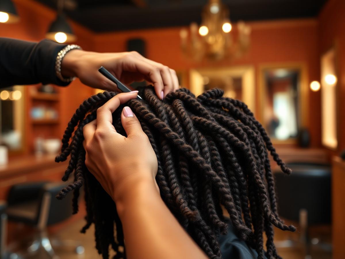 Stylist's hands sectioning and twisting locs for a client in a warm salon setting