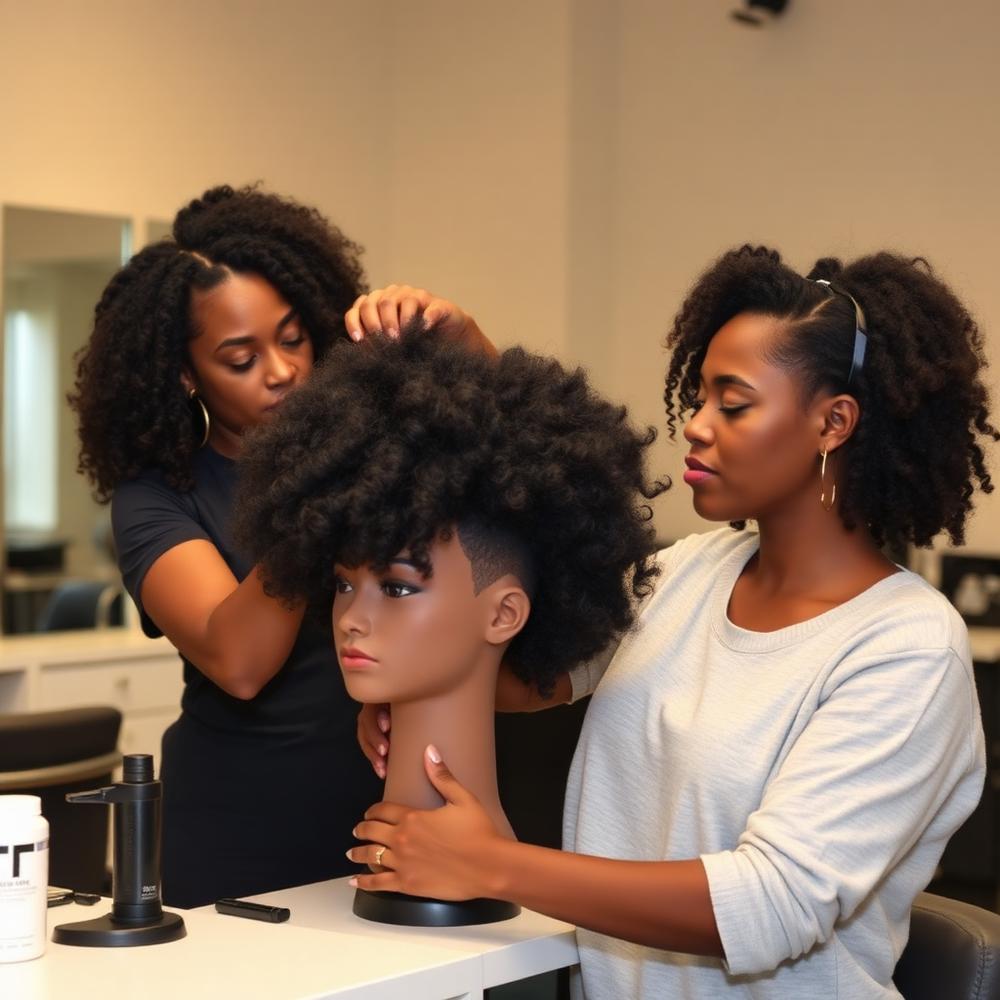 Students practicing natural-hair techniques on a mannequin head