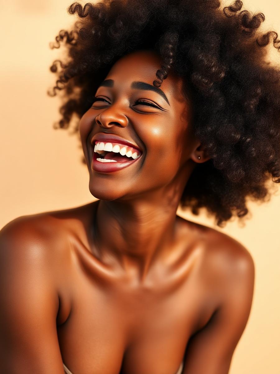 Client smiling with a full, healthy afro hairstyle