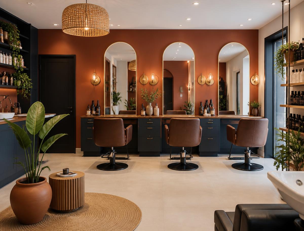 Elegant natural-hair salon interior with styling stations, gold mirrors and warm lighting